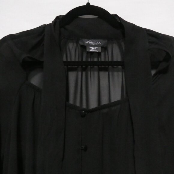 MICHEL STUDIO COLLECTION | size 16 | Black Sheer Button-Up Blouse With Neck Tie - Picture 4 of 14